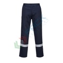 Pantalone da lavoro ignifugo, 100% Cotone, finitura FR 330 gr, omologato EN ISO 11612 + EN ISO 11611, modello Bizweld Iona con banda riflettente ignifuga, colore blu navy