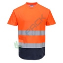 T-shirt alta visibilità in maglia, 55% cotone + 45% poliestere, 175 gr, girocollo, con inserti di areazione in mesh, certificata CE + EN ISO 20471 Classe 2, colore arancione/blu navy, tg. XXXL