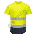 T-shirt alta visibilità in maglia, 55% cotone + 45% poliestere, 175 gr, girocollo, con inserti di areazione in mesh, certificata CE + EN ISO 20471 Classe 2, colore giallo/blu navy, tg. M