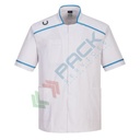 Camice da lavoro, modello sanitario, da uomo, 4 tasche, 65% Poliestere + 33% Cotone + 2% Elastan, 145 gr, chiusura con bottoni, colore bianco/azzurro