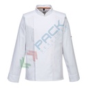 Giacca da lavoro, modello chef, tessuto MeshAir Pro, 65% poliestere + 35% cotone, 1 tasca, 190 gr, manica lunga, colore bianco