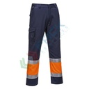 Pantaloni alta visibilità in tessuto Kingsmill Polycotton (65% poliestere + 35% cotone) 245 gr, 8 tasche ampie, modello Combat bicolore , vestibilità regular, omologati CE + EN ISO 20471 Classe 1, colore arancione/blu navy, tg. XXL