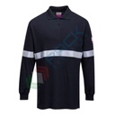 Polo da lavoro antistatica in tessuto Modaflame, 60% Modacrilico + 39% Cotone + 1% Fibra di carbonio, 200 gr, omologata EN ISO 11612 + EN 1149, maniche lunghe, con banda riflettente, colore blu navy