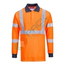 Polo alta visibilità ignifuga, in modaflame HVO Knit (45% modacrilico + 25% poliestere + 23% cotone + 6% aramide + 1% antistatico, 220 gr, maniche lunghe, CE + EN ISO 20471 Classe 3 + IEC 61482-2 + EN 1149 -5 + EN ISO 11612, colore arancio, tg. XXL