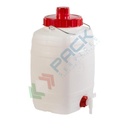 Bottiglione in plastica (HDPE), quadrato con collo largo e rubinetto, capacità 10 Lt, maniglia in ferro, chiusura a vite (tappo incluso)