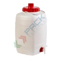 Bottiglione in plastica (HDPE), quadrato con collo largo e rubinetto, capacità 15 Lt, maniglia in ferro, chiusura a vite (tappo incluso)