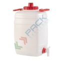 Bottiglione in plastica (HDPE), quadrato con collo largo e rubinetto, capacità 25 Lt, maniglie laterali in plastica, chiusura a vite (tappo incluso)