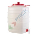 Bottiglione in plastica (HDPE), quadrato con collo largo e rubinetto, capacità 50 Lt, maniglie laterali in plastica, chiusura a vite (tappo incluso)