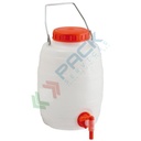 Bottiglione in plastica (HDPE), cilindrico con collo largo e rubinetto, capacità 5 Lt, maniglia in ferro, chiusura a vite (tappo incluso)