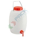 Bottiglione in plastica (HDPE), cilindrico con collo largo e rubinetto, capacità 10 Lt, maniglia in ferro, chiusura a vite (tappo incluso)