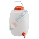 Bottiglione in plastica (HDPE), cilindrico con collo largo e rubinetto, capacità 15 Lt, maniglia in ferro, chiusura a vite (tappo incluso)
