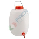 Bottiglione in plastica (HDPE), cilindrico con collo largo e rubinetto, capacità 20 Lt, maniglia in ferro, chiusura a vite (tappo incluso)
