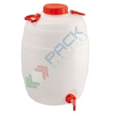 Bottiglione in plastica (HDPE), cilindrico con collo largo e rubinetto, capacità 25 Lt, maniglie laterali in plastica, chiusura a vite (tappo incluso)