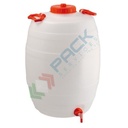 Bottiglione in plastica (HDPE), cilindrico con collo largo e rubinetto, capacità 50 Lt, maniglie laterali in plastica, chiusura a vite (tappo incluso)