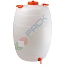 Bottiglione in plastica (HDPE), cilindrico con collo largo e rubinetto, capacità 100 Lt, maniglie laterali in plastica, chiusura a vite (tappo incluso)