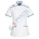 Camice da lavoro, modello sanitario, da donna, 4 tasche, 65% Poliestere + 33% Cotone + 2% Elastan, 145 gr, chiusura con bottoni, colore bianco/celeste