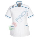 Camice da lavoro premaman, modello sanitario, da donna, 4 tasche, 65% Poliestere + 33% Cotone + 2% Elastan, 145 gr, chiusura con bottoni, colore bianco/celeste