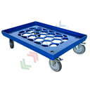 Carrello per cassette norma Europa in ABS, Mis. base 60 x 40 cm, 4 ruote in gomma (2 sterzanti + 2 sterzanti con freno), portata 350 kg, piano d'appoggio in rete, colore blu