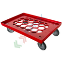 Carrello per cassette norma Europa in ABS, Mis. base 60 x 40 cm, 4 ruote in gomma sterzanti, portata 350 kg, piano d'appoggio in rete, colore rosso