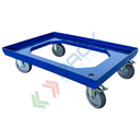 Carrello per cassette norma Europa in ABS, Mis. base 60 x 40 cm, 4 ruote in gomma (2 sterzanti + 2 sterzanti con freno), portata 300 kg, modello con apertura superiore, colore blu