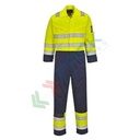 Tuta alta visibilità multinorma in Modaflame Work HV (39% cotone + 1% fibra di carbonio) 280 gr, vestibilità tall, certificata EN ISO 11612 + EN ISO 11611 + EN 1149 -5 + IEC 61482 + EN 13034 + EN ISO 20471 Classe 3, colore giallo/blu navy, tg. M