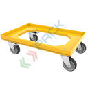 Carrello per cassette norma Europa in ABS, Mis. base 60 x 40 cm, 4 ruote in gomma sterzanti, portata 300 kg, modello con apertura superiore, colore giallo