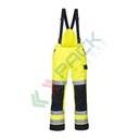 Pantalone alta visibilità multinorma in Modaflame Rain+ HV (98% Poliestere + 2% Fibra di carbonio) 350 gr, certificato EN ISO 11612 + EN ISO 11611 + EN 1149 -5 + IEC 61482-2 + EN 13034 + EN ISO 20471 Classe 2 + RIS 3279 TOM + EN 343, colore giallo/blu nav