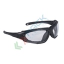 Occhiale di sicurezza modello Levo, con struttura in policarbonato, prese d'aria indirette nella parte posteriore, rivestimento antigraffio, struttura nera, lenti colore chiaro