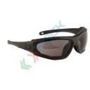 Occhiale di sicurezza modello Levo, con struttura in policarbonato, prese d'aria indirette nella parte posteriore, rivestimento antigraffio, struttura nera, lenti colore fumo