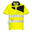 Polo alta visibilità in tessuto Kingsmill Polycotton (55% cotone + 45% poliestere), 144 gr, modello PW2 a maniche corte con colletto a costine, certificata CE + EN ISO 20471 Classe 2, colore giallo/nero, tg. XXL