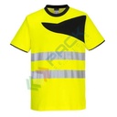 T-shirt alta visibilità in tessuto Kingsmill Polycotton (55% cotone + 45% poliestere), 144 gr, modello PW2 a maniche corte con colletto a costine, certificata CE + EN ISO 20471 Classe 2, colore giallo/nero, tg. L