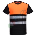 T-Shirt alta visibilità in maglia 55% cotone + 45% poliestere, 175 gr, con banda HiVisTex Pro di alta qualità, certificata EN ISO 20471 Classe 1, colore nero/arancione, tg. S