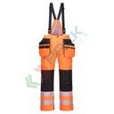 Pantalone alta visibilità invernale imbottito 100% poliestere finitura antimacchia, doppio rivestimento in PU, 190 gr, 16 tasche ampie, bretelle staccabili, certificato EN ISO 20471 Classe 2 + RIS 3279 TOM + EN 343 + EN 342, colore arancione/nero, tg. XXL