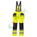 Pantalone alta visibilità invernale imbottito 100% poliestere finitura antimacchia, doppio rivestimento in PU, 190 gr, 16 tasche ampie, bretelle staccabili, certificato EN ISO 20471 Classe 2 + EN 343 + EN 342, colore giallo/nero, tg. L