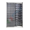 Armadio con cassettiere porta minuteria, capacità 200 cassetti, 2 pannelli fissi + 2 scorrevoli, colore grigio scuro