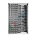 Armadio con cassettiere porta minuteria, capacità 144 cassetti, 2 pannelli fissi + 3 scorrevoli, colore grigio chiaro