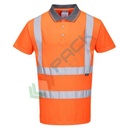 Polo alta visibilità 100% poliestere, punto occhio di pernice, 175 gr, colletto in contrasto colore grigio, con nastro riflettente Hi-Vistex, conforme RIS 3279-TOM + EN ISO 20471 Classe 2, colore arancione, tg. XS