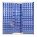 Armadio con cassettiere porta minuteria, capacità 281 cassetti, 3 pannelli fissi + 4 scorrevoli, colore blu