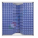 Armadio con cassettiere porta minuteria, capacità 341 cassetti, 3 pannelli fissi + 6 scorrevoli, colore blu