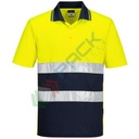 Polo alta visibilità 100% poliestere, punto occhio di pernice, 150 gr, design superiore con colletto in contrasto con piping, certificata EN ISO 20471 Classe 1, colore giallo/blu navy, tg. 4XL