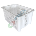 Cassetta in plastica (HDPE) sovrapponibile ed inseribile, capacità 50 Lt, Mis. 550 L x 430 P x 310 H mm, base chiusa e pareti forate, colore bianco