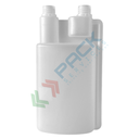 Flacone in plastica (HDPE) rettangolare a collo stretto con dosatore a due tappi, capacità 1000 ml, chiusura con tappo a vite con apertura del sigillo a strappo (tappi esclusi), colore neutro