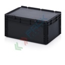 Cassetta in plastica (PP) conduttiva e antistatica, capacità 56 Lt, Mis. 600 L x 400 P x 285 H mm, coperchio integrato