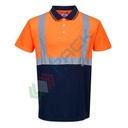 Polo alta visibilità 100% poliestere, punto occhio di pernice, 175 gr, design superiore con colletto in contrasto con piping, certificata EN ISO 20471 Classe 1, colore arancione/blu navy, tg. XXL