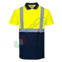 Polo alta visibilità 100% poliestere, punto occhio di pernice, 175 gr, design superiore con colletto in contrasto con piping, certificata EN ISO 20471 Classe 1, colore giallo/blu navy, tg. XL
