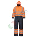 Tuta alta visibilità 100% poliestere, finitura antimacchiTuta alta visibilità 100% poliestere, finitura antimacchip regolabili, certificata EN ISO 20471 Classe 3 + RIS 3279 TOM + EN 343 + EN 342, colore arancione/blu navy, tg. L