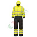 Tuta alta visibilità 100% poliestere, finitura antimacchia, doppio rivestimento in PU 190 gr, 6 tasche ampie, strap regolabili, certificata EN ISO 20471 Classe 3 + EN 343 + EN 342, colore giallo/nero, tg. M