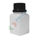 Flacone in plastica (HDPE) rettangolare a collo stretto, capacità 50 ml, chiusura con tappo a vite con apertura del sigillo a strappo (tappo incluso), colore neutro