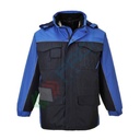 Giacca da lavoro antipioggia, 100% poliestere, resistente ed impermeabile con fodera trapuntata, omologata EN 343, cappuccio a scomparsa, colore Blu navy/Blu royal