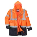 Giacca alta visibilità invernale e antipioggia 100% poliestere, modello Essential 5 in 1, adattabile a qualsiasi situazione di lavoro, impermeabile e traspirante con cuciture nastrate, omologata EN ISO 20471 + EN 343 + EN 342, colore arancione/blu navy, t